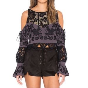 For Love & Lemons Cecilia Crop Top Cold Shoulder Purple/Black Lace Size XS
